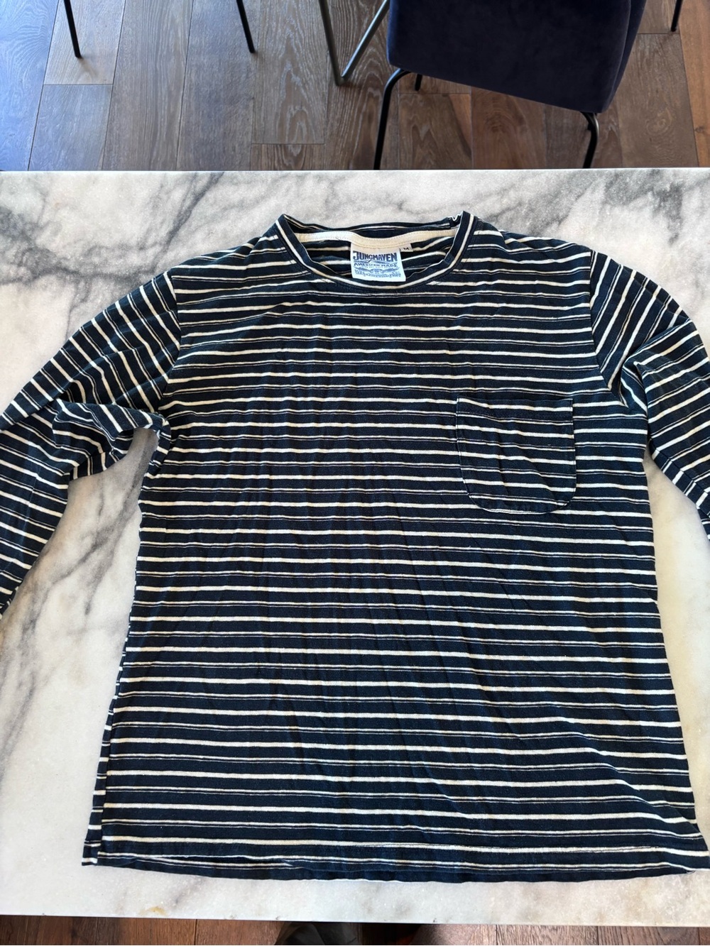 Jungmaven Hemp Navy & White Striped Long-Sleeve Pocket Shirt Sz M